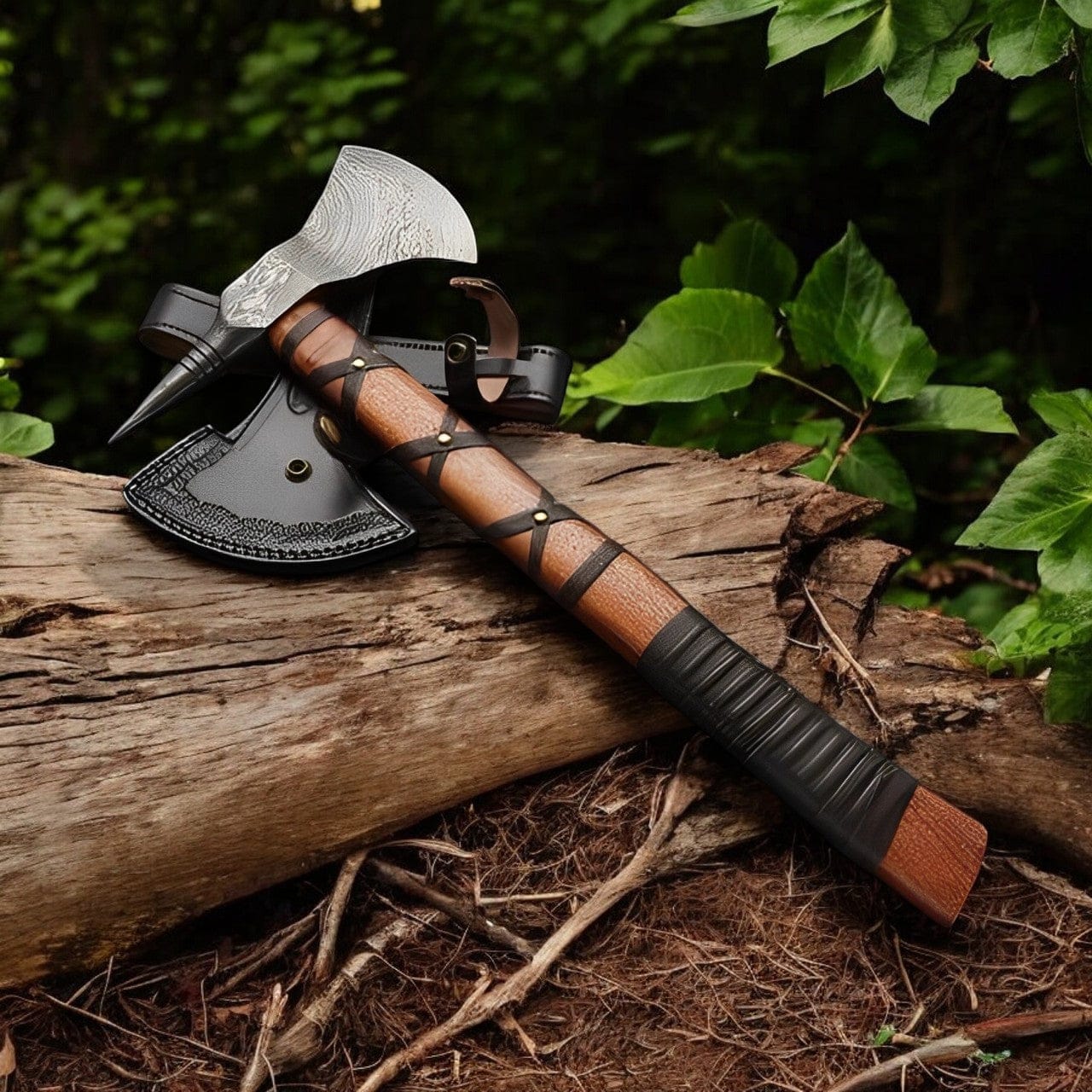 KBS Knives Store Axe Handmade Damascus Viking Axe – Rosewood Handle & Leather Sheath
