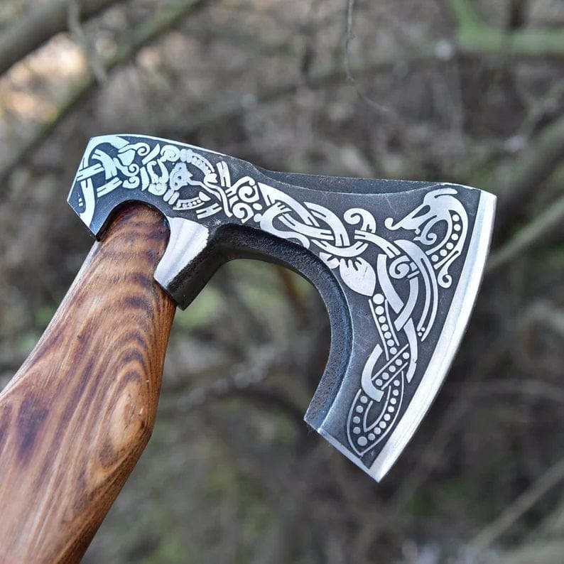 KBS Knives Store Axe Handmade High Carbon Steel Etched Blade Functional Axe