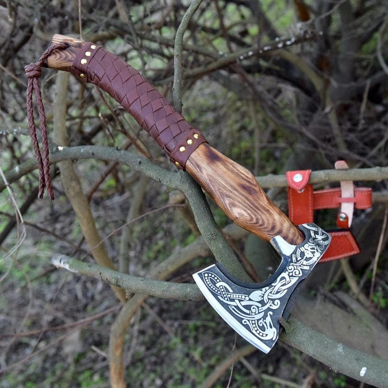 KBS Knives Store Axe Handmade High Carbon Steel Etched Blade Functional Axe