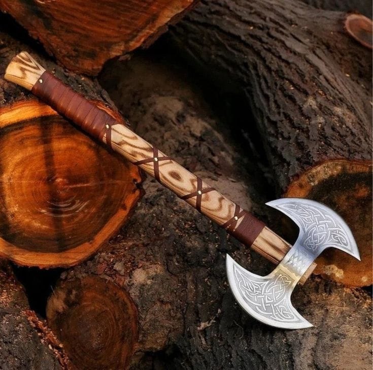 KBS Knives Store Axe Mastercraft Battle Axe: Custom Handmade Engraved Double Blades with D2 Steel and Ash Wood Handle, Leather Wrap, and Sheath