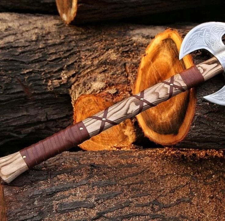 KBS Knives Store Axe Mastercraft Battle Axe: Custom Handmade Engraved Double Blades with D2 Steel and Ash Wood Handle, Leather Wrap, and Sheath