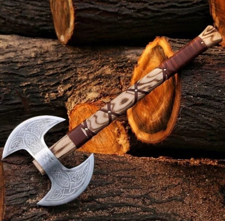 KBS Knives Store Axe Mastercraft Battle Axe: Custom Handmade Engraved Double Blades with D2 Steel and Ash Wood Handle, Leather Wrap, and Sheath