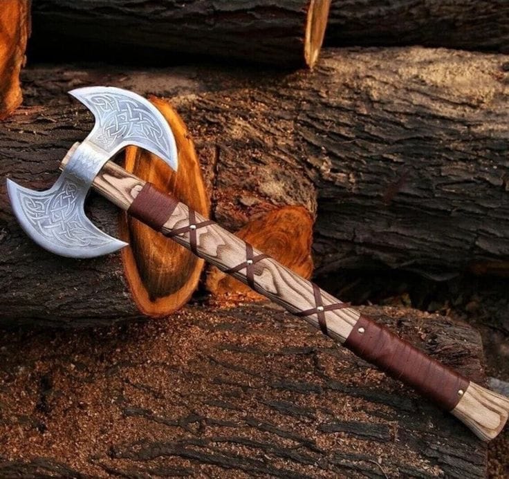 KBS Knives Store Axe Mastercraft Battle Axe: Custom Handmade Engraved Double Blades with D2 Steel and Ash Wood Handle, Leather Wrap, and Sheath