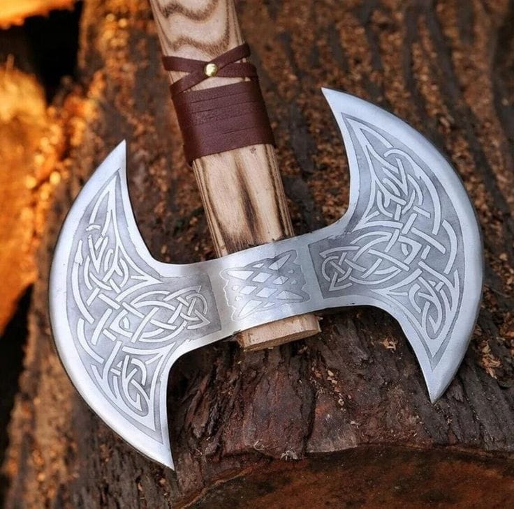 KBS Knives Store Axe Mastercraft Battle Axe: Custom Handmade Engraved Double Blades with D2 Steel and Ash Wood Handle, Leather Wrap, and Sheath
