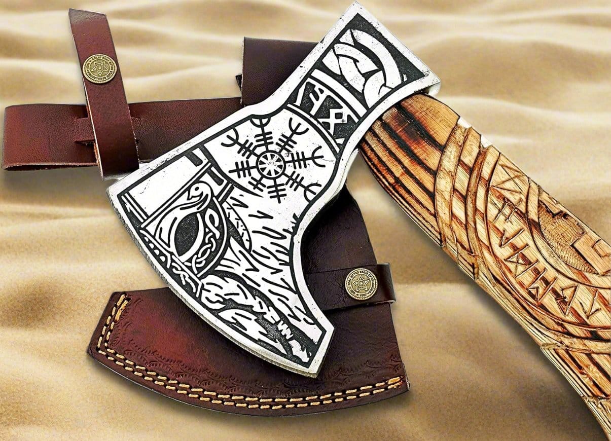 KBS Knives Store Axe Norse Axe with Custom Handmade Forged 1095 Steel Blade and Hand Engraved Ash Wood Handle – Odin’s Edge