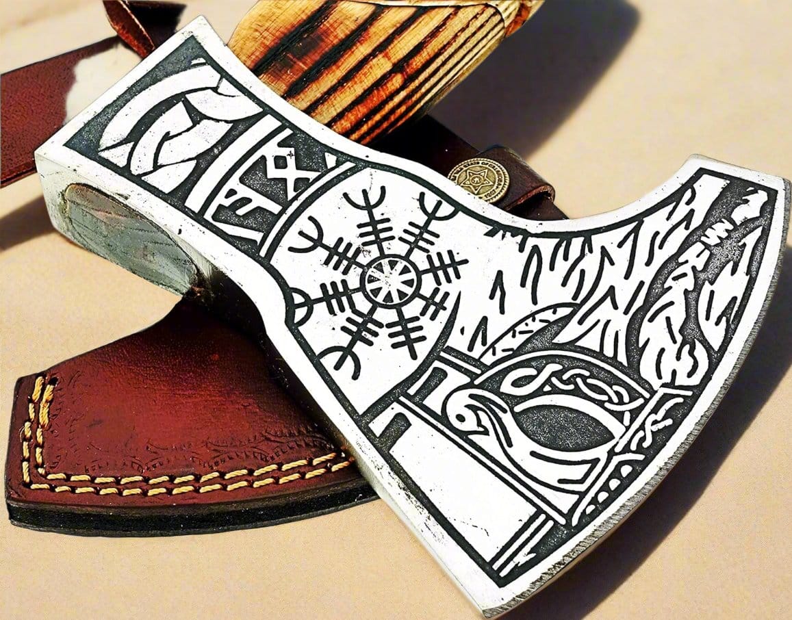 KBS Knives Store Axe Norse Axe with Custom Handmade Forged 1095 Steel Blade and Hand Engraved Ash Wood Handle – Odin’s Edge