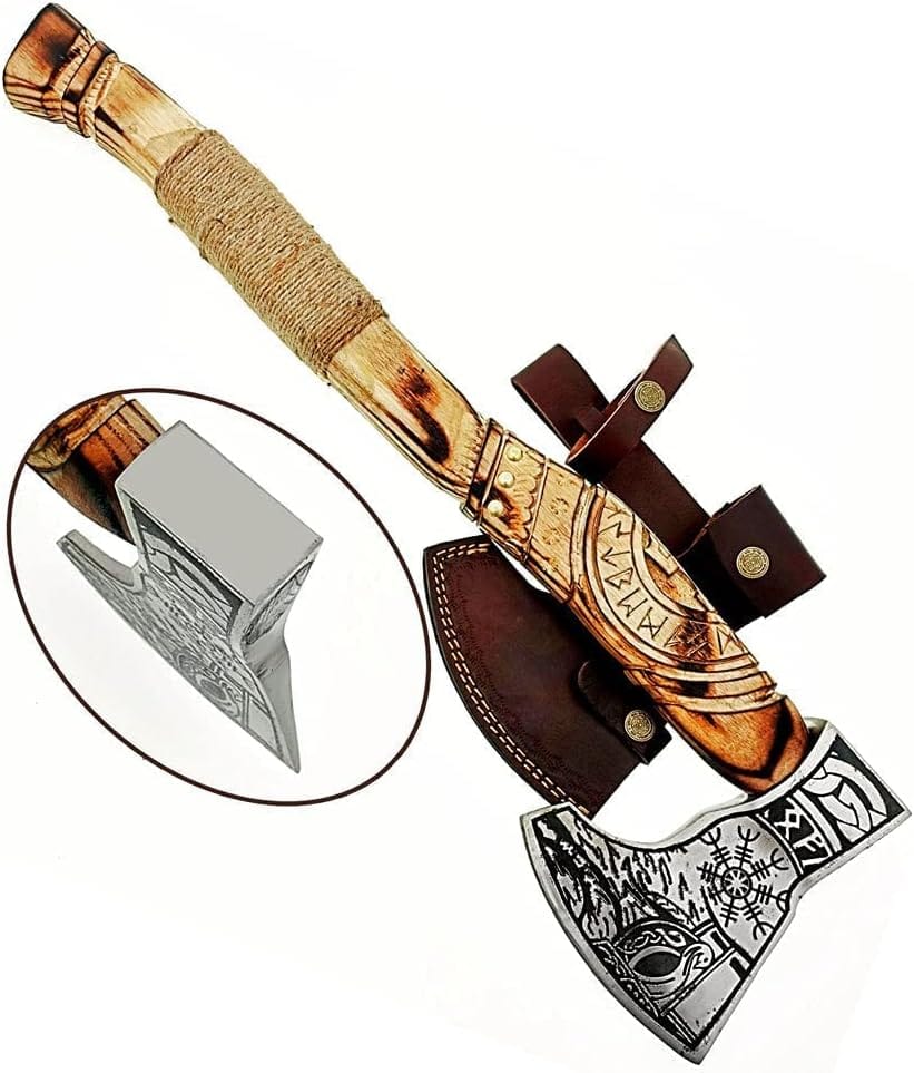 KBS Knives Store Axe Norse Axe with Custom Handmade Forged 1095 Steel Blade and Hand Engraved Ash Wood Handle – Odin’s Edge