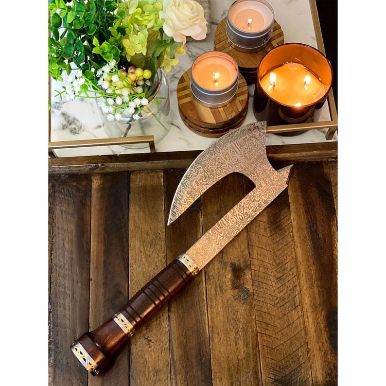 KBS Knives Store Axe The Wilderness Companion: Damascus Steel Blade Axe with Rosewood Handle, Brass and Steel Spacers, and Leather Sheath