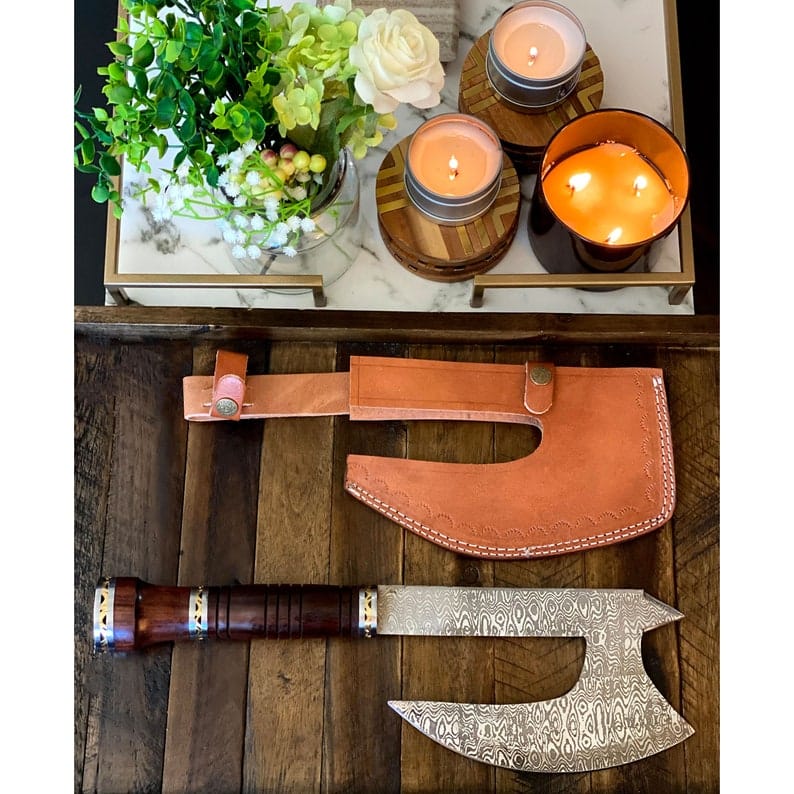 KBS Knives Store Axe The Wilderness Companion: Damascus Steel Blade Axe with Rosewood Handle, Brass and Steel Spacers, and Leather Sheath