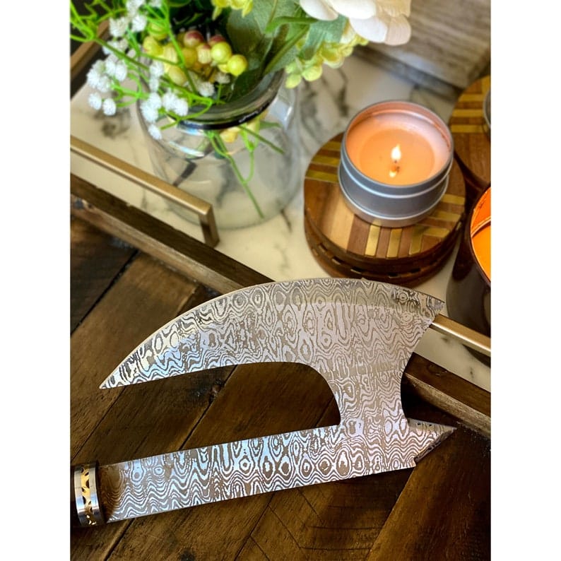 KBS Knives Store Axe The Wilderness Companion: Damascus Steel Blade Axe with Rosewood Handle, Brass and Steel Spacers, and Leather Sheath