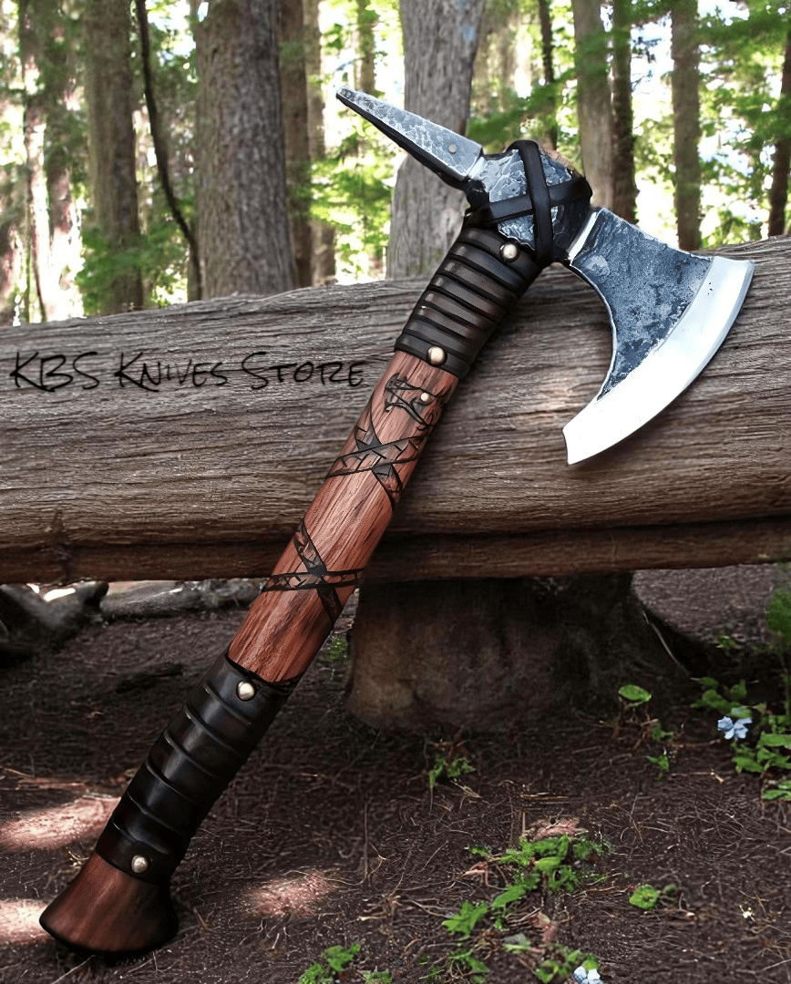 KBS Knives Store Axe Viking Axe – Forged 1095 High Carbon Steel with Engraved Rosewood & Leather Wrap