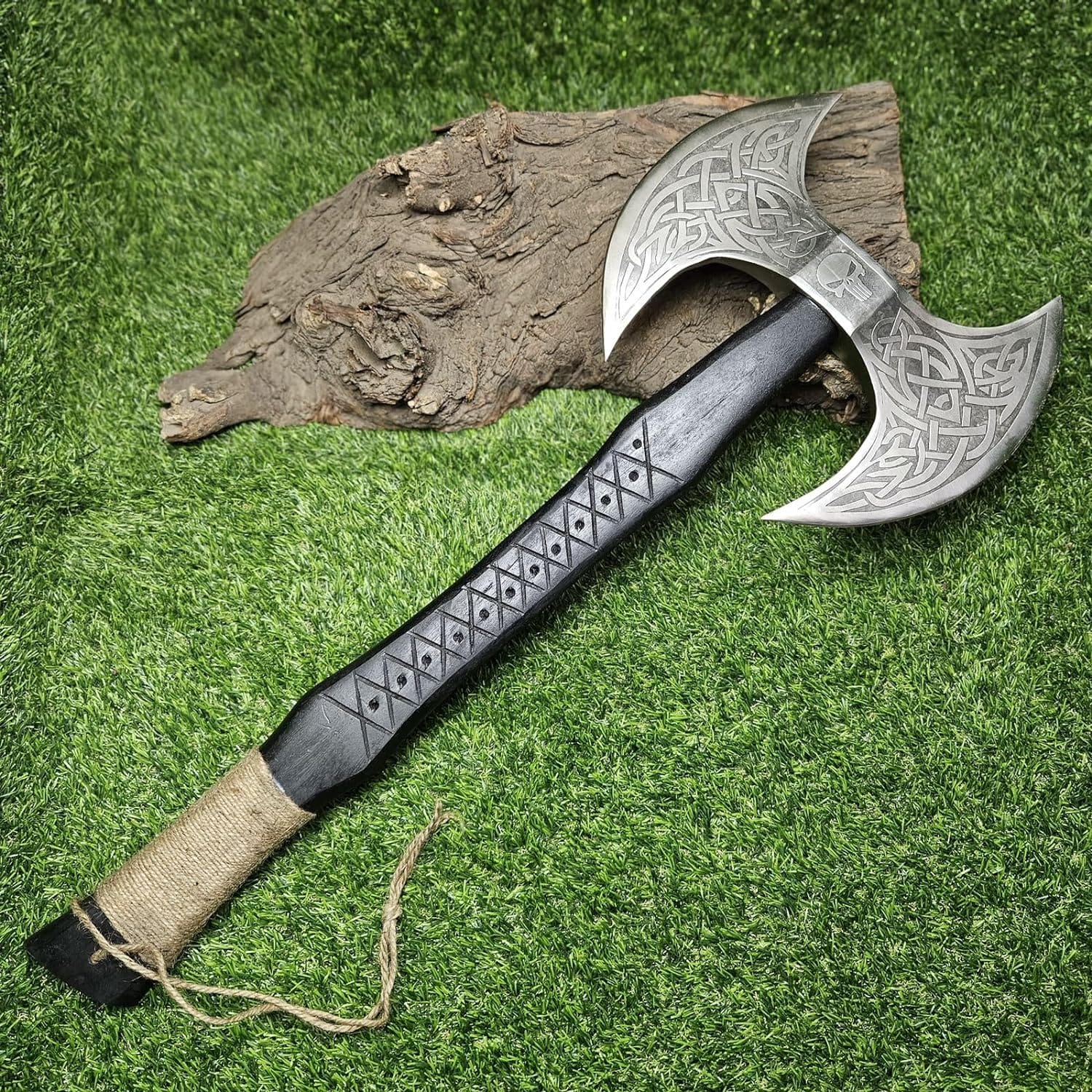 KBS Knives Store Axe Viking Axe with Custom Handmade Forged 1095 Steel Double Sided Blade and Hand Engraved Black Ash Wood Handle – Thor’s Fury