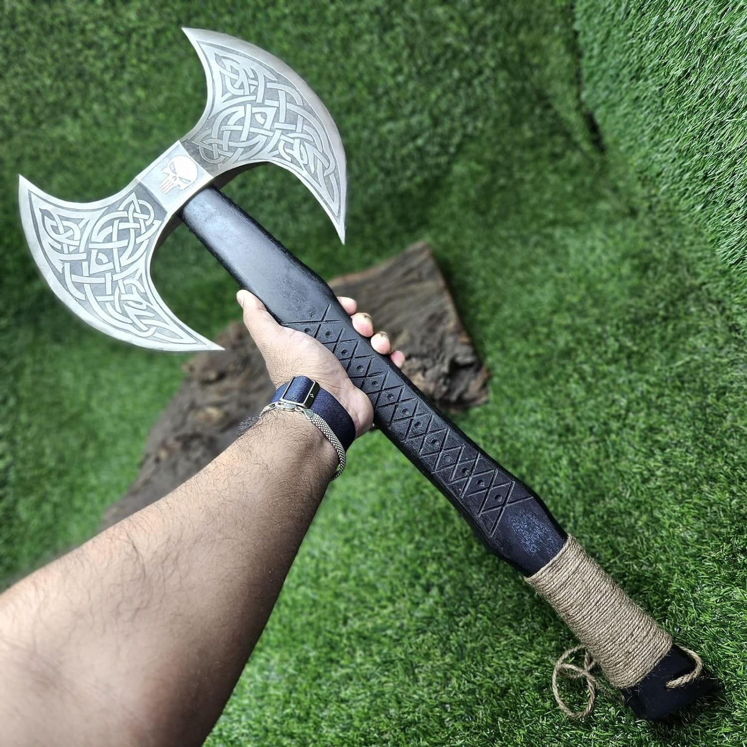 KBS Knives Store Axe Viking Axe with Custom Handmade Forged 1095 Steel Double Sided Blade and Hand Engraved Black Ash Wood Handle – Thor’s Fury