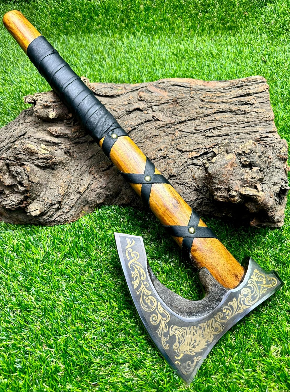 KBS Knives Store Axe Viking Hatchet with Custom Handmade Engraved 1095 Steel Blade and Ash Wood Leather-Wrapped Handle – Battle Forge