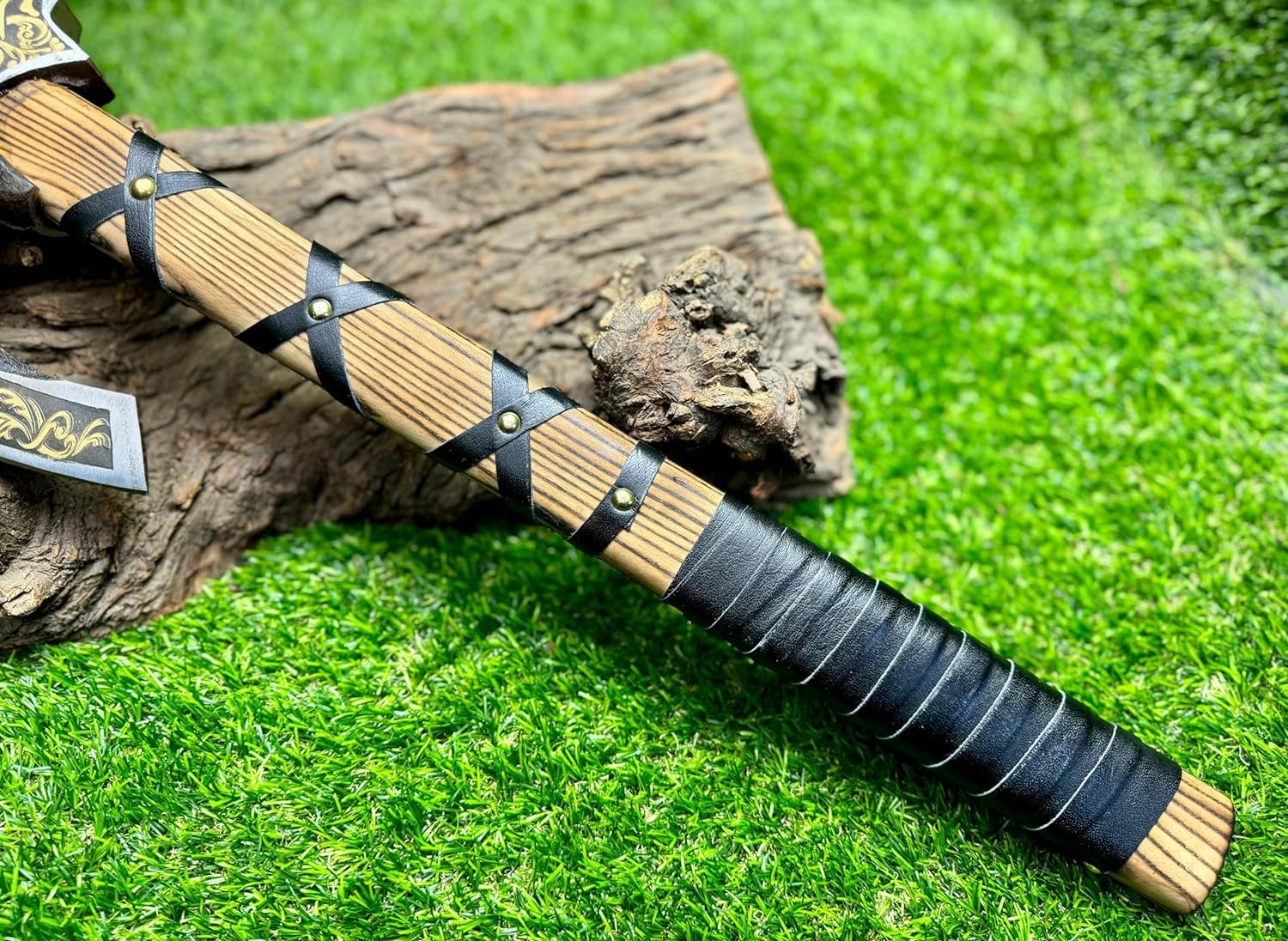 KBS Knives Store Axe Viking Hatchet with Custom Handmade Engraved 1095 Steel Blade and Ash Wood Leather-Wrapped Handle – Battle Forge