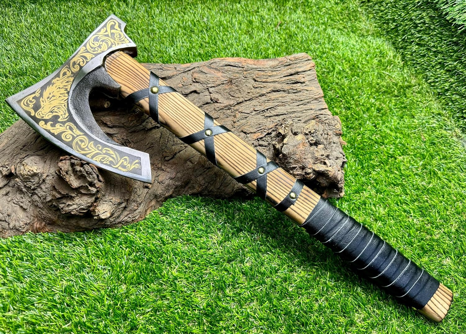 KBS Knives Store Axe Viking Hatchet with Custom Handmade Engraved 1095 Steel Blade and Ash Wood Leather-Wrapped Handle – Battle Forge
