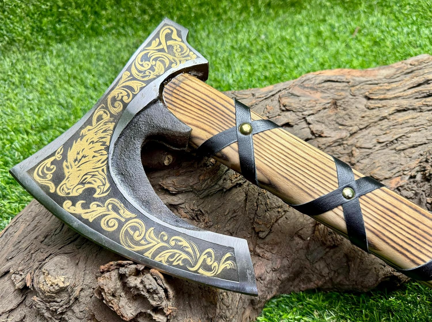 KBS Knives Store Axe Viking Hatchet with Custom Handmade Engraved 1095 Steel Blade and Ash Wood Leather-Wrapped Handle – Battle Forge