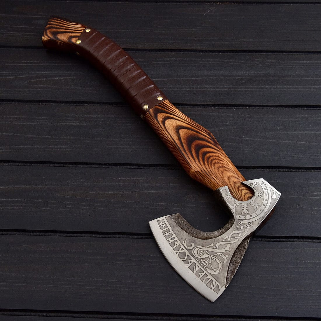 KBS Knives Store Axe Viking Tomahawk for Sale - Engraved 1095 Forged Steel Blade, Ash Wood Handle with Leather Wrap, Leather Sheath - KBS Knives Store