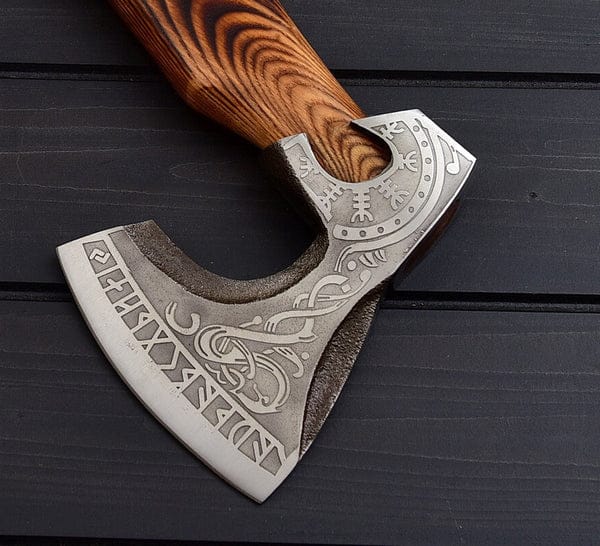 KBS Knives Store Axe Viking Tomahawk for Sale - Engraved 1095 Forged Steel Blade, Ash Wood Handle with Leather Wrap, Leather Sheath - KBS Knives Store