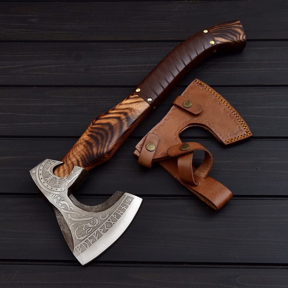 KBS Knives Store Axe Viking Tomahawk for Sale - Engraved 1095 Forged Steel Blade, Ash Wood Handle with Leather Wrap, Leather Sheath - KBS Knives Store