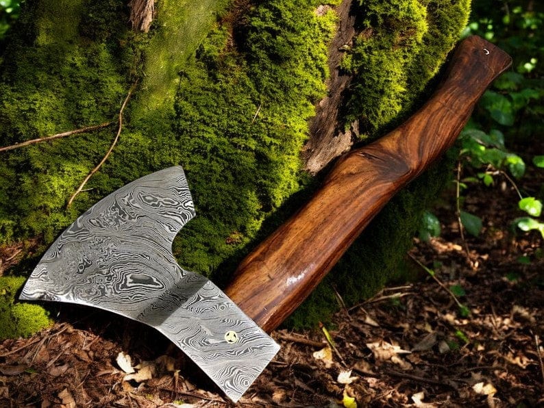 KBS Knives Store Axe Warrior's Edge Tomahawk Hatchet: Damascus Steel with Rosewood Handle