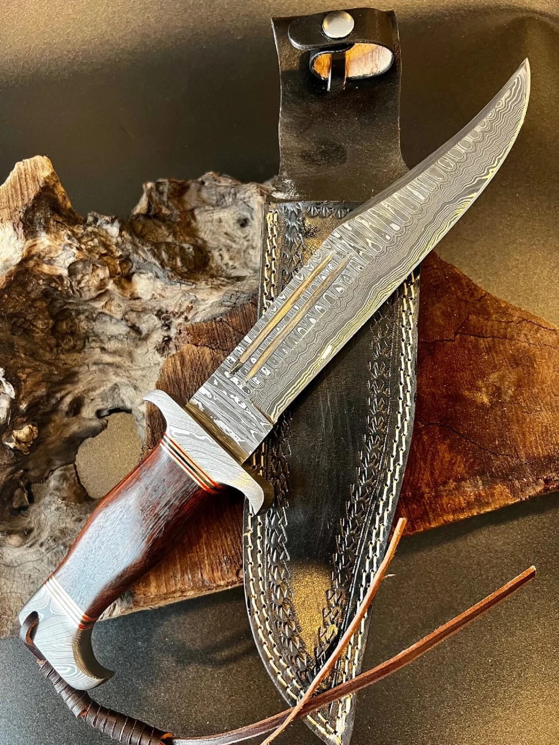 KBS Knives Store Bowie Knife Custom Handmade Damascus Steel Bowie Knife with Blood Groove Blade and Wenge Wood Handle