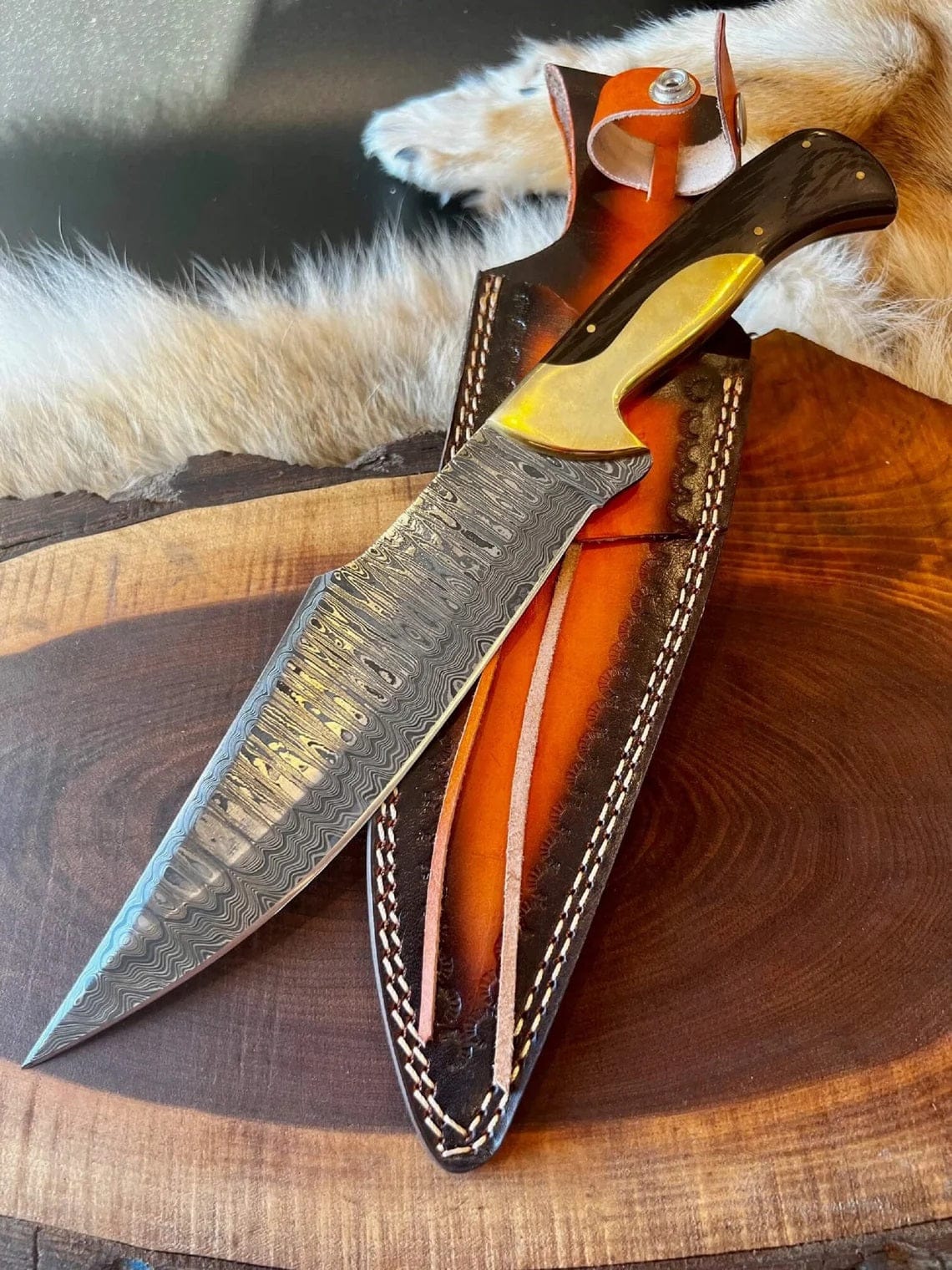 KBS Knives Store Bowie Knife Custom Handmade Damascus Steel Bowie Knife with Wenge Wood and Brass Bolster Handle