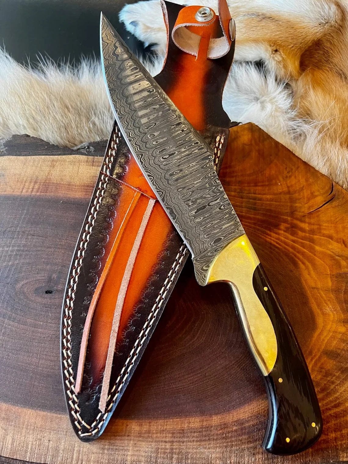 KBS Knives Store Bowie Knife Custom Handmade Damascus Steel Bowie Knife with Wenge Wood and Brass Bolster Handle