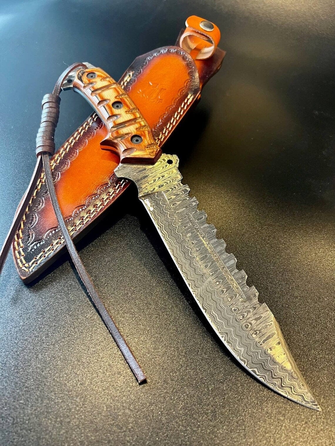KBS Knives Store Bowie Knife Custom Handmade Damascus Steel Fighter Bowie Knife with Exotic Wood Handle and Leather Sheath