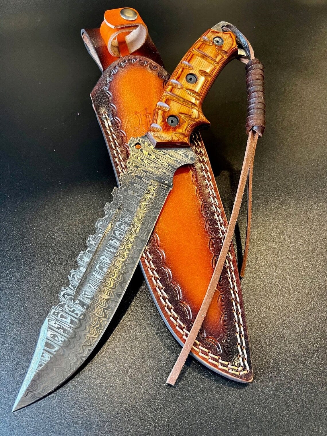 KBS Knives Store Bowie Knife Custom Handmade Damascus Steel Fighter Bowie Knife with Exotic Wood Handle and Leather Sheath