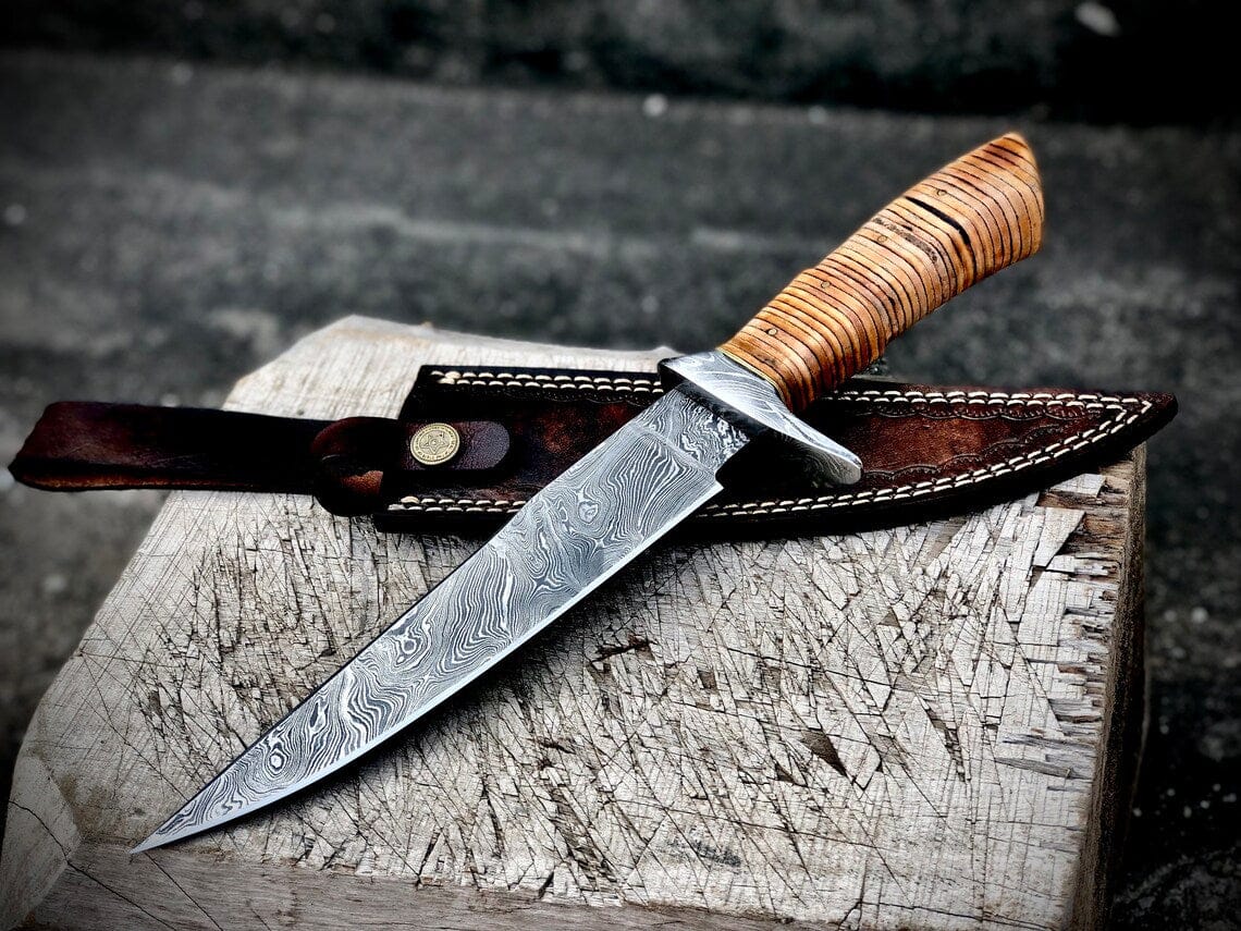 KBS Knives Store Bowie Knife "Custom Handmade Damascus Steel Hunting Bowie Knife | Stacked Leather-Damascus Guard Handle | 12 Inches | Leather Sheath | KBS Knives Store"