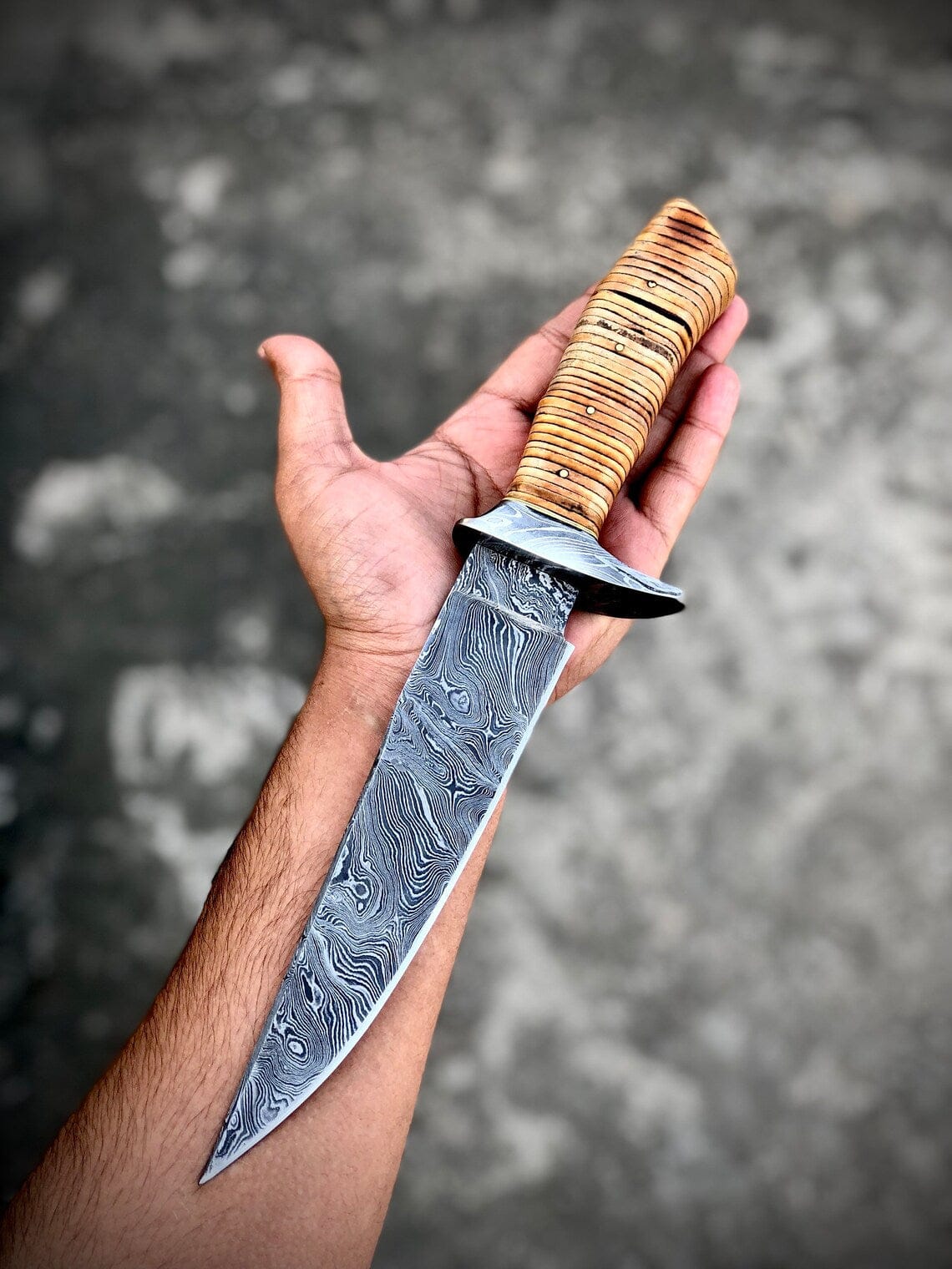KBS Knives Store Bowie Knife "Custom Handmade Damascus Steel Hunting Bowie Knife | Stacked Leather-Damascus Guard Handle | 12 Inches | Leather Sheath | KBS Knives Store"
