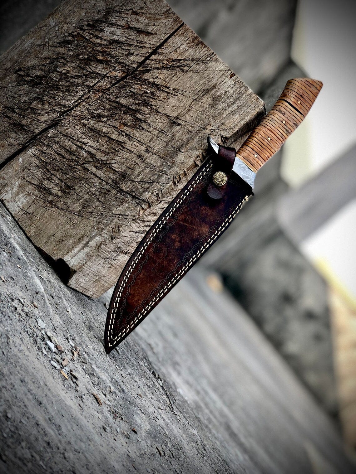 KBS Knives Store Bowie Knife "Custom Handmade Damascus Steel Hunting Bowie Knife | Stacked Leather-Damascus Guard Handle | 12 Inches | Leather Sheath | KBS Knives Store"
