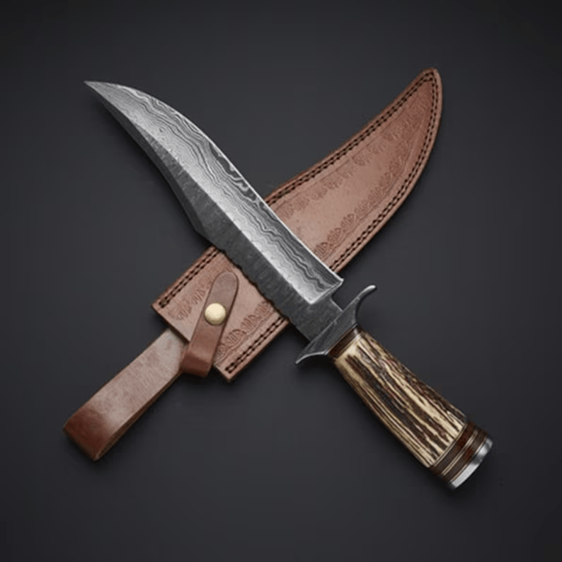 KBS Knives Store Bowie Knife Heritage Hunter: Bowie Knife with Twist Damascus Steel Blade, Antler Horn Handle, and Leather Sheath