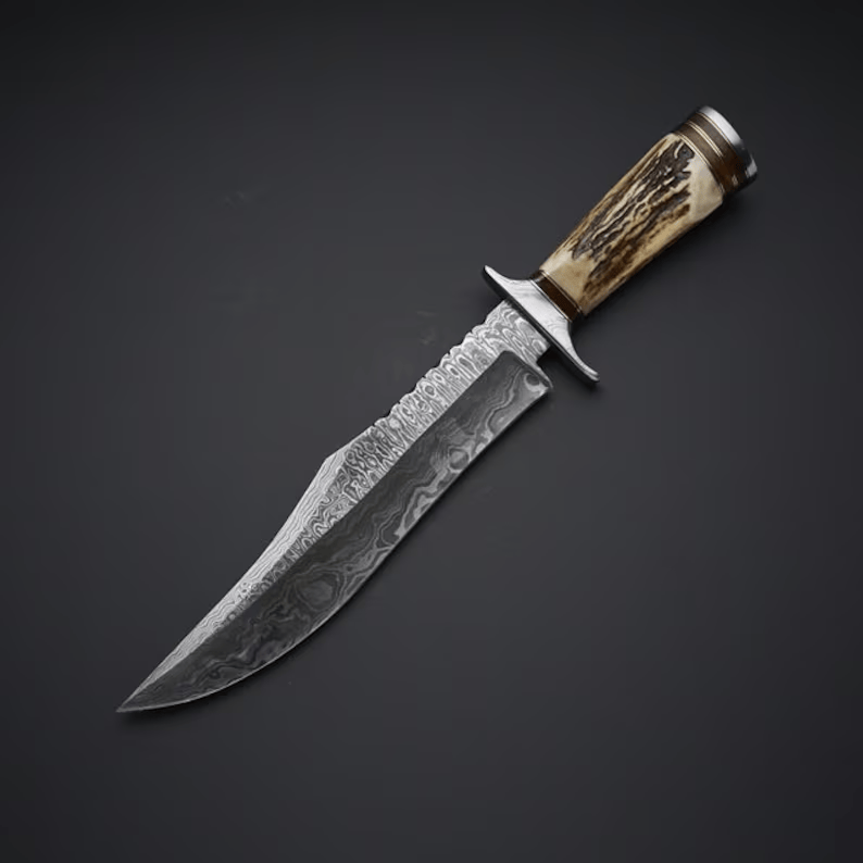 KBS Knives Store Bowie Knife Heritage Hunter: Bowie Knife with Twist Damascus Steel Blade, Antler Horn Handle, and Leather Sheath