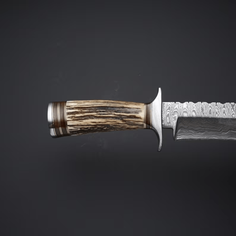 KBS Knives Store Bowie Knife Heritage Hunter: Bowie Knife with Twist Damascus Steel Blade, Antler Horn Handle, and Leather Sheath