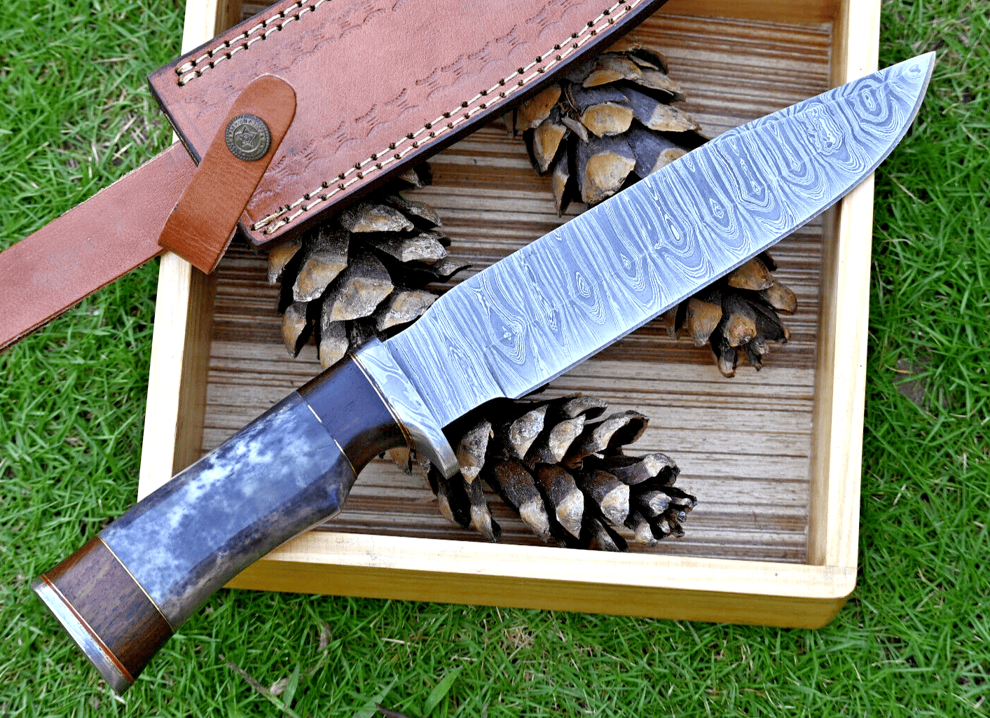 KBS Knives Store Bowie Knife Wilderness Explorer: Hunting Bowie Knife with Damascus Steel Blade, Colored Bone and Rosewood Handle, Damascus Guard, and Leather Sheath
