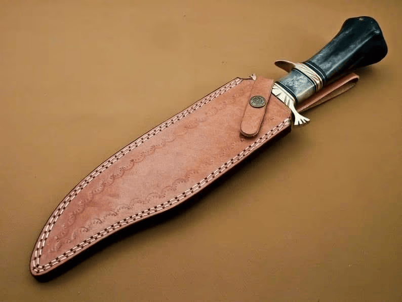 KBS Knives Store Bowie Knife Wilderness Guardian: Bowie Knife with Twist Damascus Steel Blade, Bone Handle, Brass Guards, and Leather Sheath