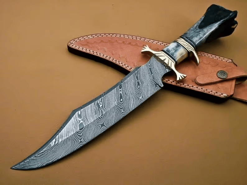 KBS Knives Store Bowie Knife Wilderness Guardian: Bowie Knife with Twist Damascus Steel Blade, Bone Handle, Brass Guards, and Leather Sheath