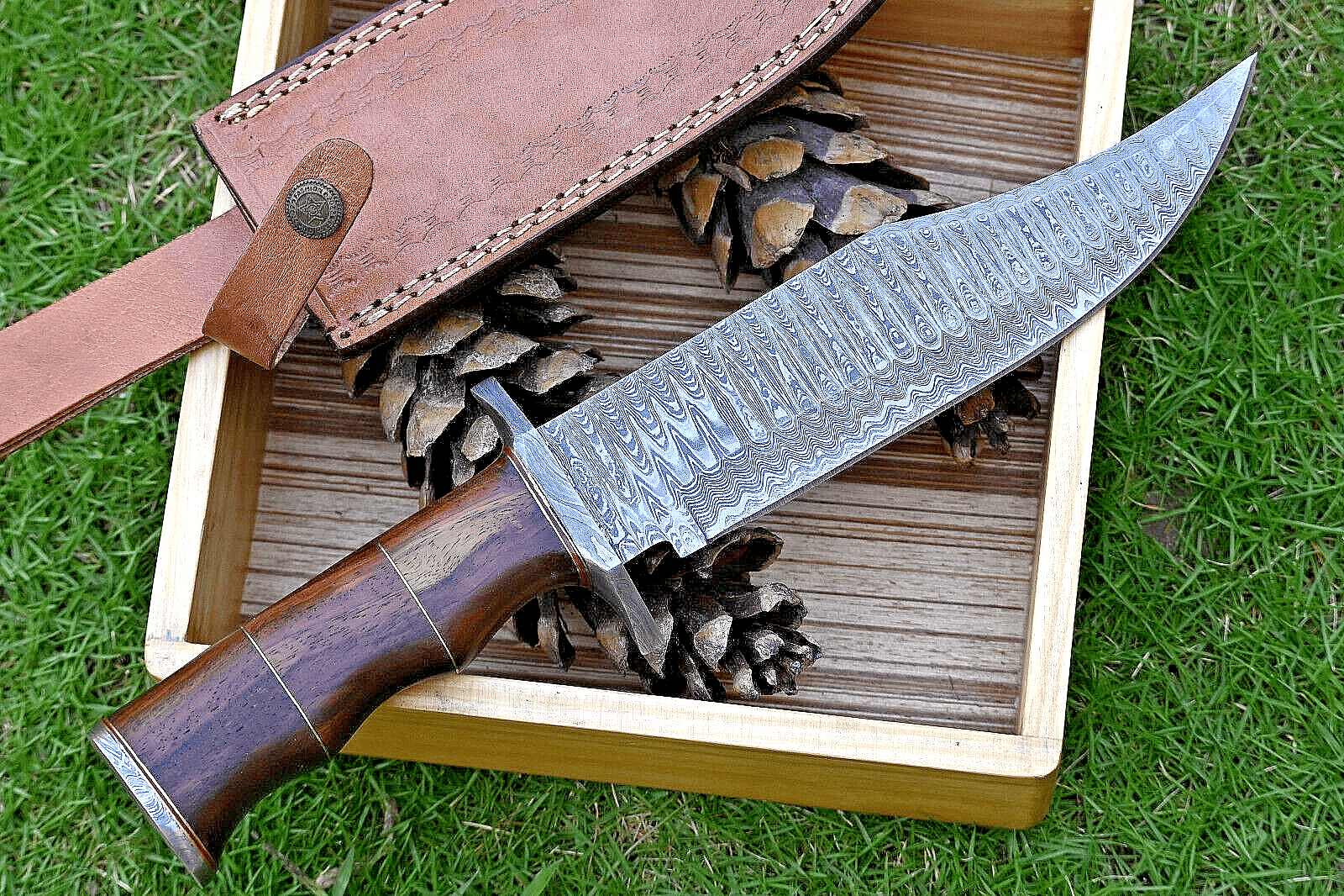 KBS Knives Store Bowie Knife Wilderness Guardian: Hunting Bowie Knife with Damascus Steel Blade, Rosewood Handle, Brass Spacers, Damascus Guard, and Leather Sheath