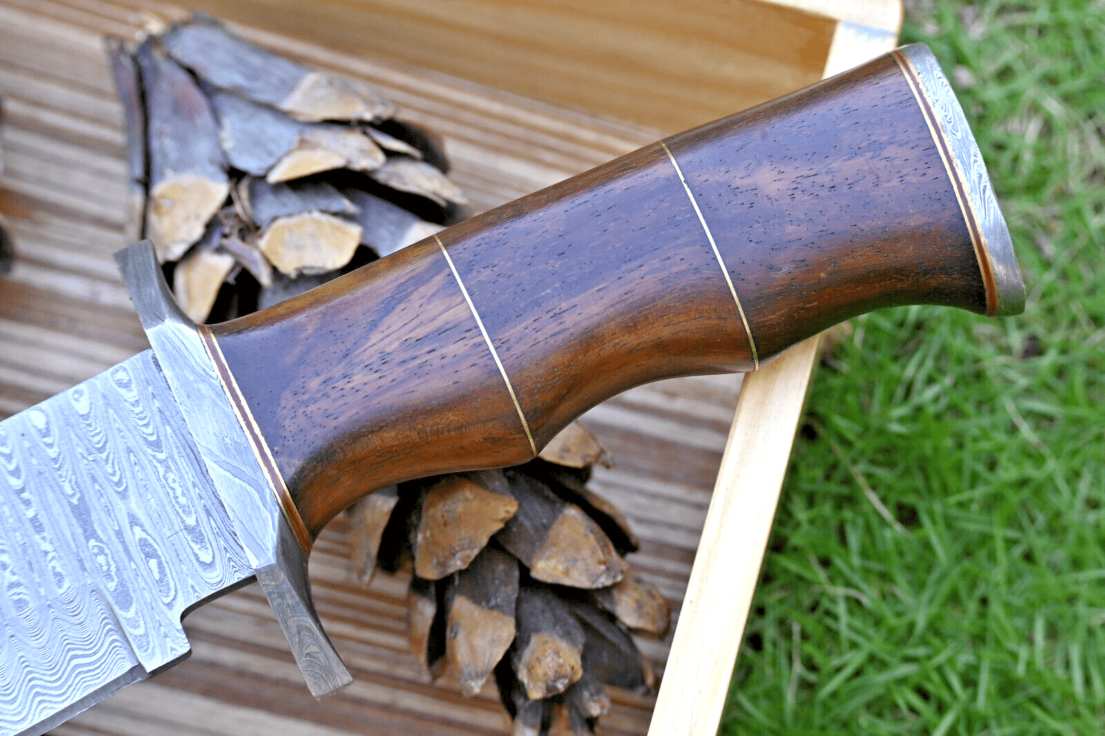 KBS Knives Store Bowie Knife Wilderness Guardian: Hunting Bowie Knife with Damascus Steel Blade, Rosewood Handle, Brass Spacers, Damascus Guard, and Leather Sheath