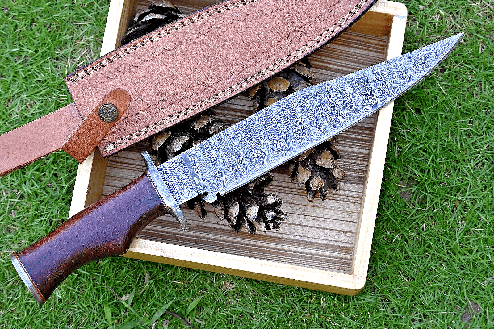KBS Knives Store Bowie Knife Wilderness Master: Hunting Bowie Knife with Damascus Steel Blade, Rosewood Handle, Damascus Guard, and Leather Sheath