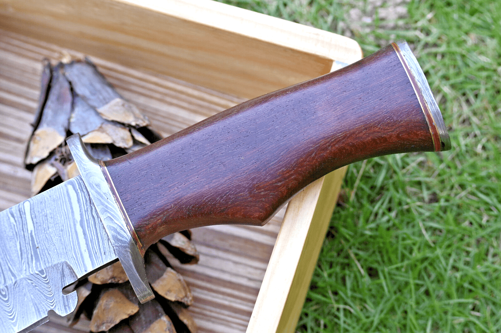 KBS Knives Store Bowie Knife Wilderness Master: Hunting Bowie Knife with Damascus Steel Blade, Rosewood Handle, Damascus Guard, and Leather Sheath