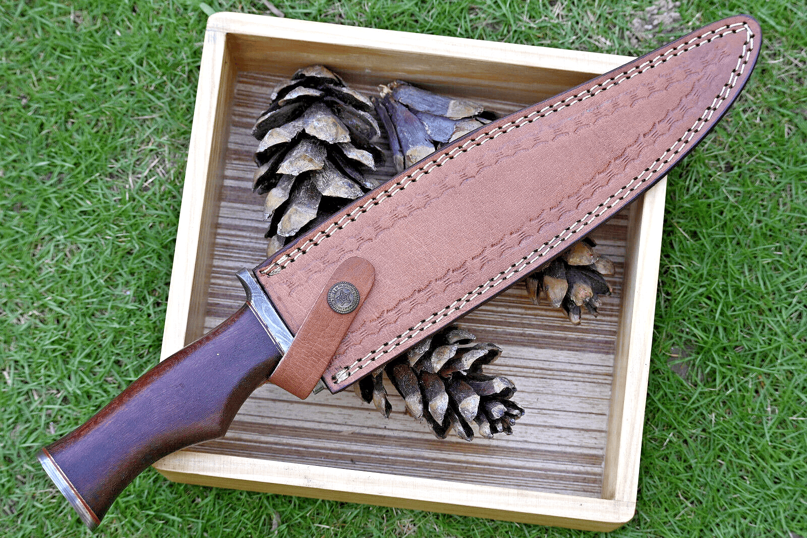 KBS Knives Store Bowie Knife Wilderness Master: Hunting Bowie Knife with Damascus Steel Blade, Rosewood Handle, Damascus Guard, and Leather Sheath