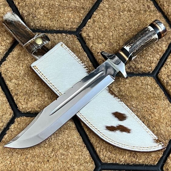 KBS Knives Store Bowie Knives 14-Inch Custom Handmade Damascus Steel Bowie Knife | Antler Horn Handle with Leather Sheath | Ideal for Hunting | KBS Knives