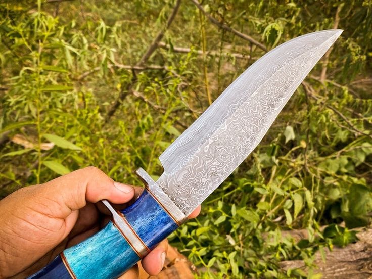 KBS Knives Store Bowie Knives 14-Inch Raindrops Damascus Steel Hunting Bowie Knife | Custom Handcrafted with Colored Bone Handle & Leather Sheath | KBS Knives