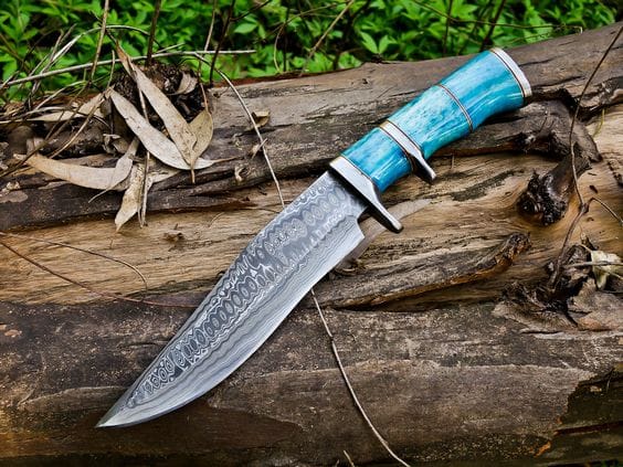 KBS Knives Store Bowie Knives 14-Inch Raindrops Damascus Steel Hunting Bowie Knife | Custom Handcrafted with Colored Bone Handle & Leather Sheath | KBS Knives