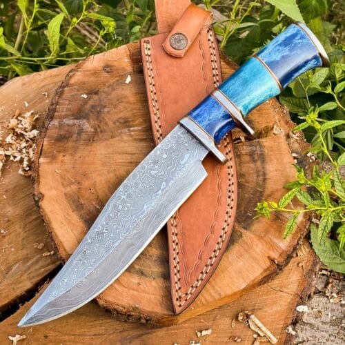 KBS Knives Store Bowie Knives 14-Inch Raindrops Damascus Steel Hunting Bowie Knife | Custom Handcrafted with Colored Bone Handle & Leather Sheath | KBS Knives