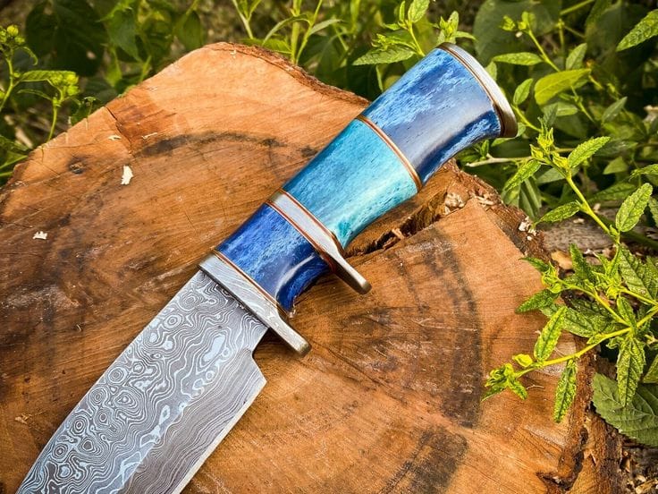 KBS Knives Store Bowie Knives 14-Inch Raindrops Damascus Steel Hunting Bowie Knife | Custom Handcrafted with Colored Bone Handle & Leather Sheath | KBS Knives