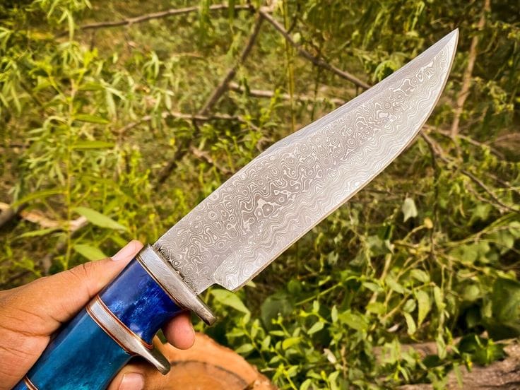 KBS Knives Store Bowie Knives 14-Inch Raindrops Damascus Steel Hunting Bowie Knife | Custom Handcrafted with Colored Bone Handle & Leather Sheath | KBS Knives